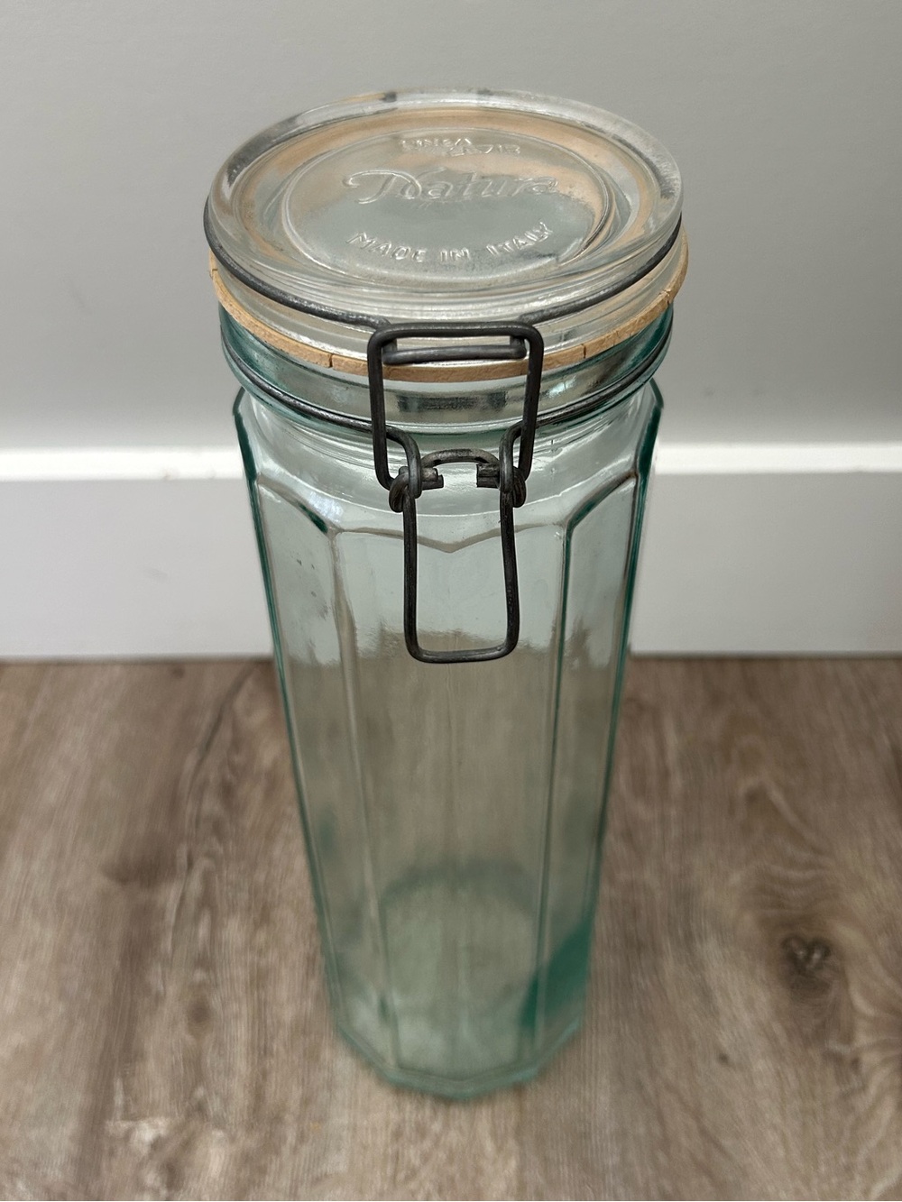 Vtg Spaghetti Tall Glass Storage Jar with Clamp Lid - Light Aqua Made in Italy